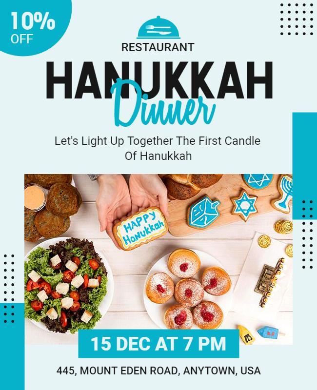 Festive Blue Hanukkah Dinner Celebration Poster Template