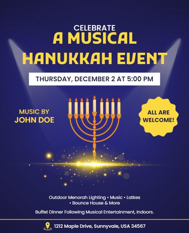 Festive Blue Hanukkah Musical Celebration Event Poster Template