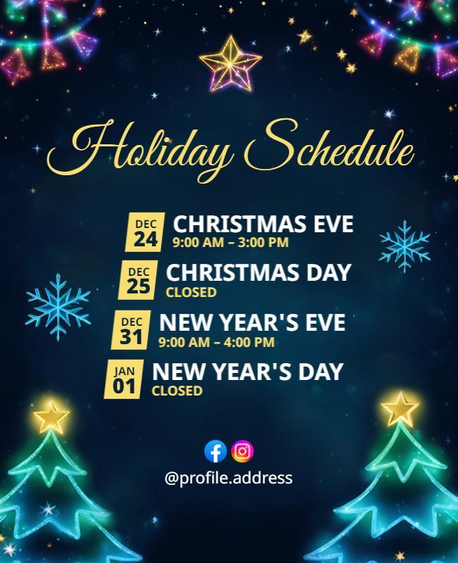Festive Blue Holiday Schedule with Christmas Trees Poster Template