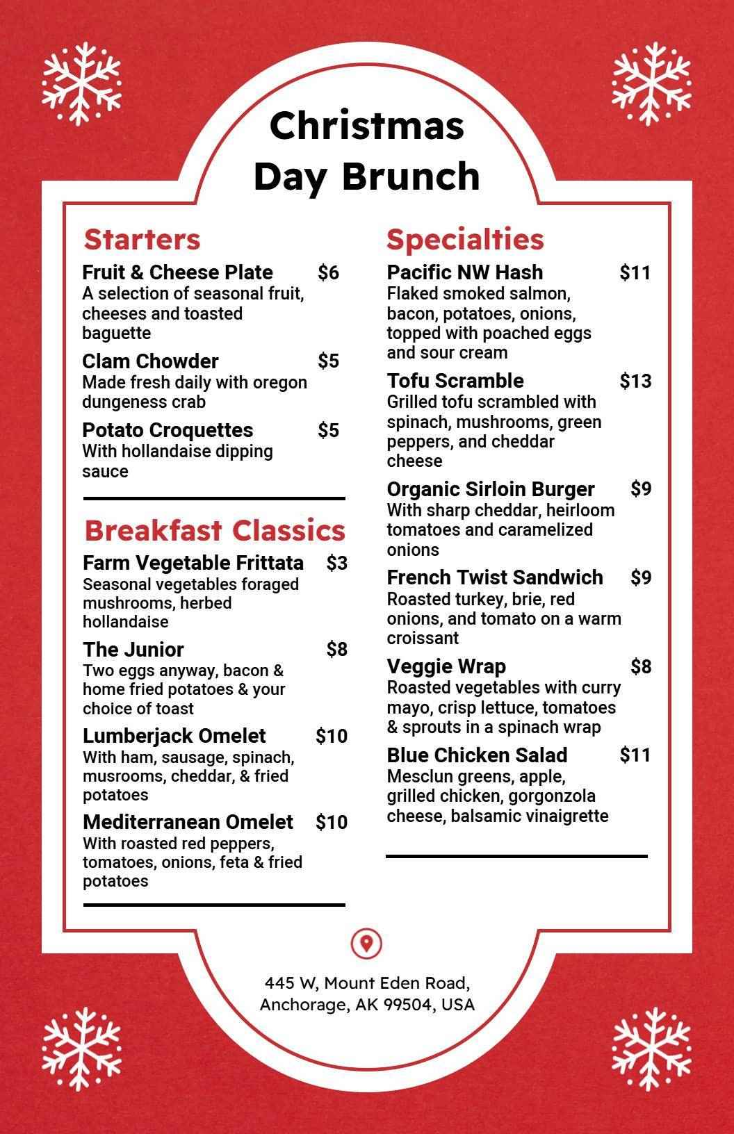 Festive Brunch Dishes and Seasonal Favorites Christmas Menu Template