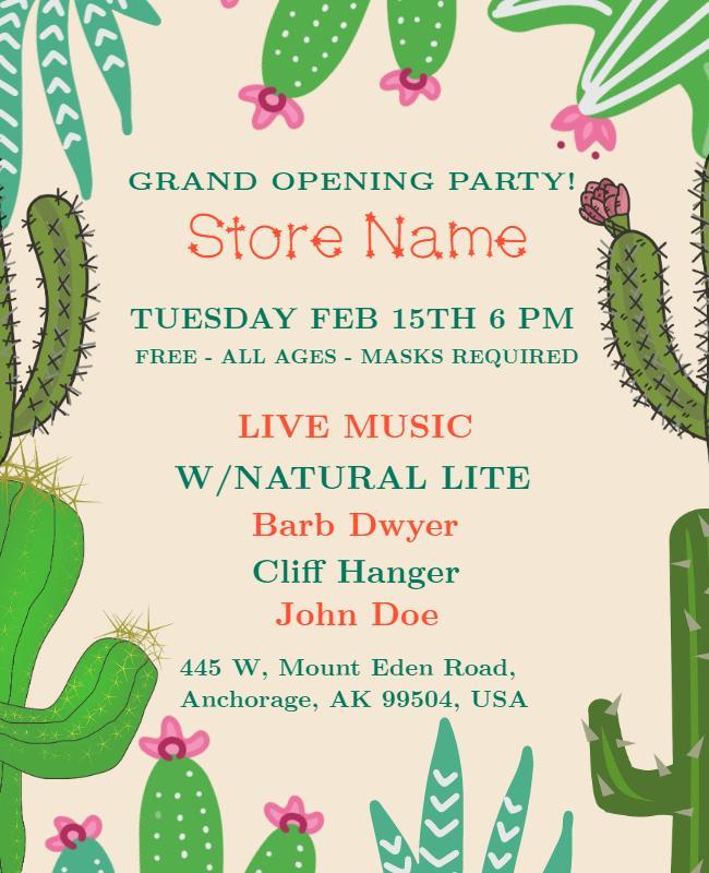 Festive Cactus Themed Grand Opening Party Poster Template