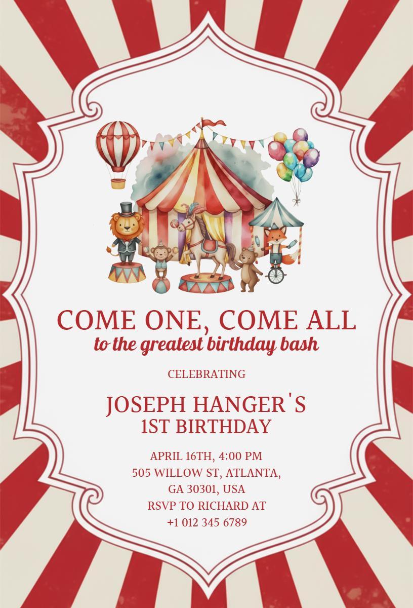 Festive Carnival Theme First Birthday Celebration Invitation Template