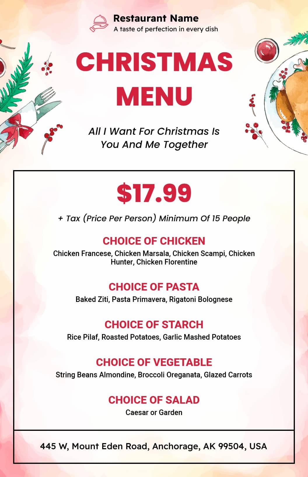 Festive Chicken and Pasta Selections for a Joyful Christmas Menu Template