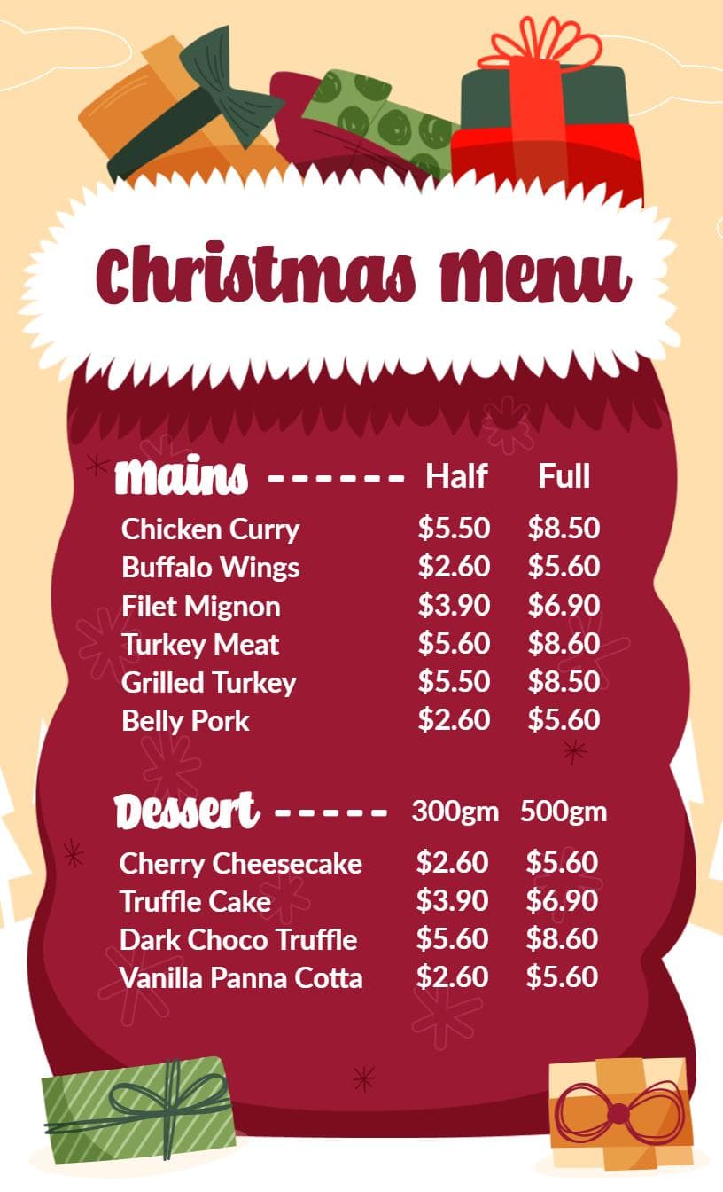 Festive Chicken and Turkey Dishes with Sweet Treats Christmas Menu Template