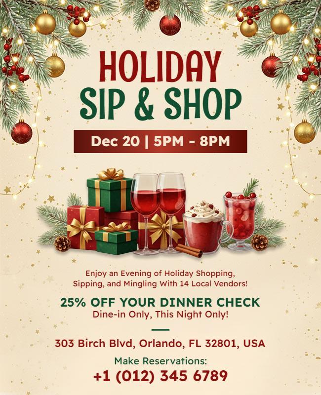 Festive Christmas Holiday Sip and Shop Event Flyer Template
