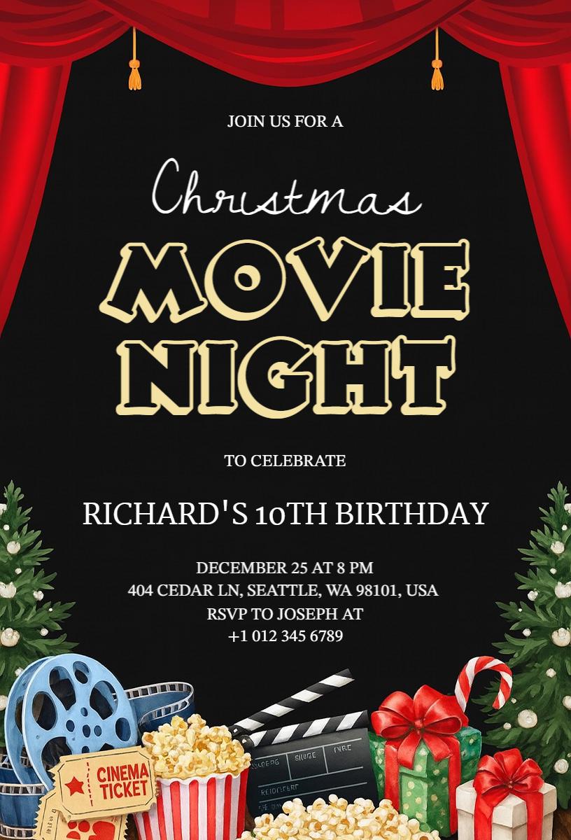Festive Christmas Movie Night Birthday Celebration Invitation Template