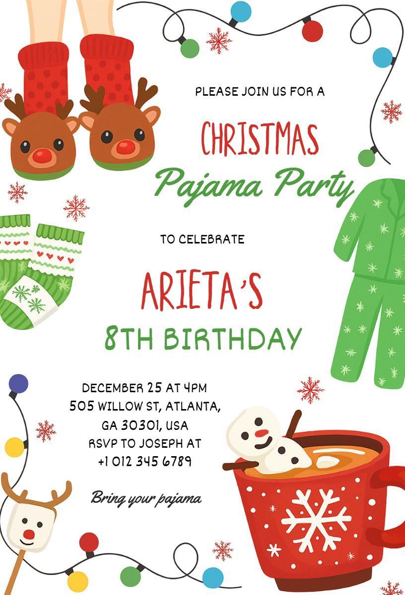Festive Christmas Pajama Party Birthday Celebration Invitation Template