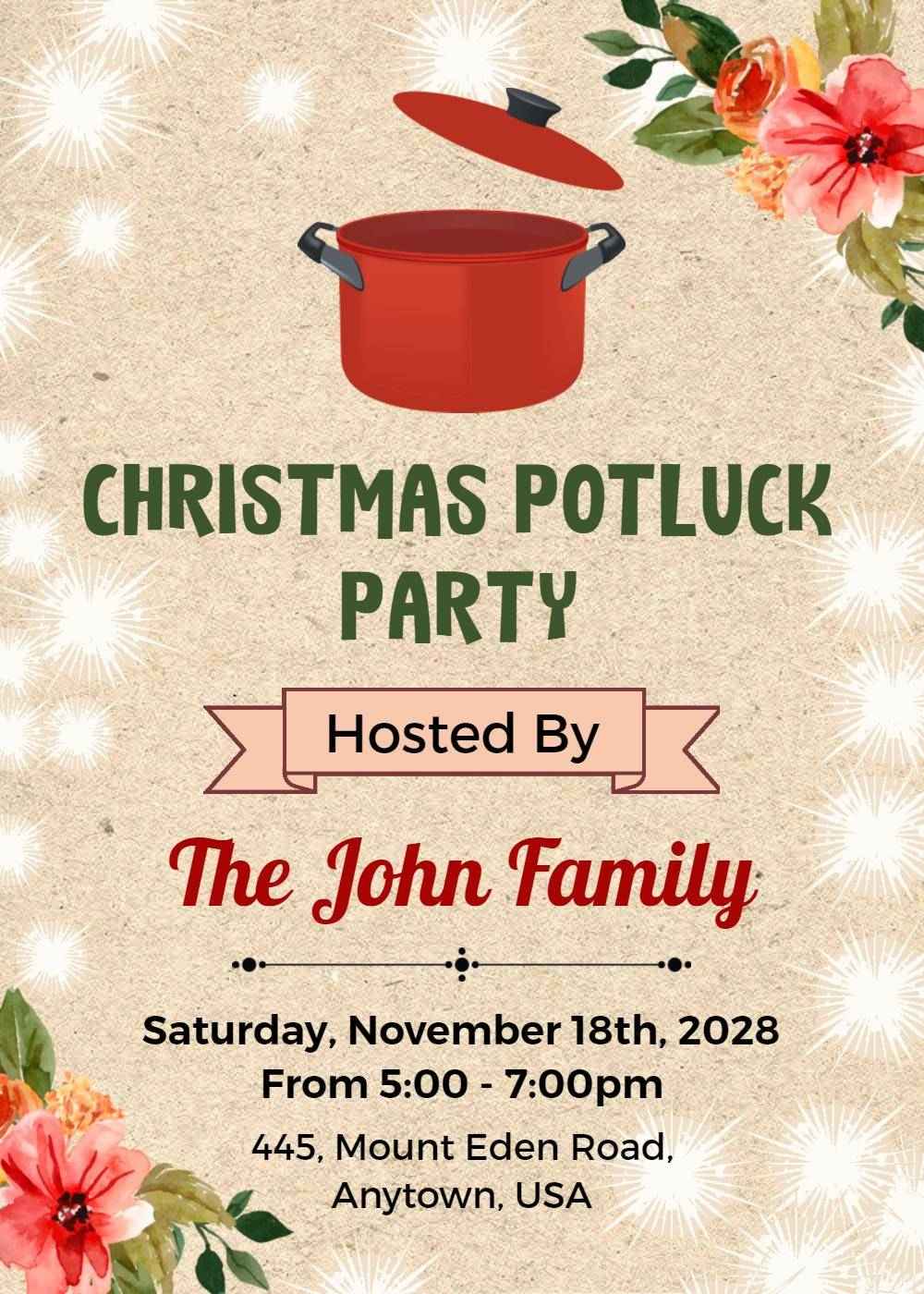 Festive Christmas Potluck Dinner Celebration Invitation Template