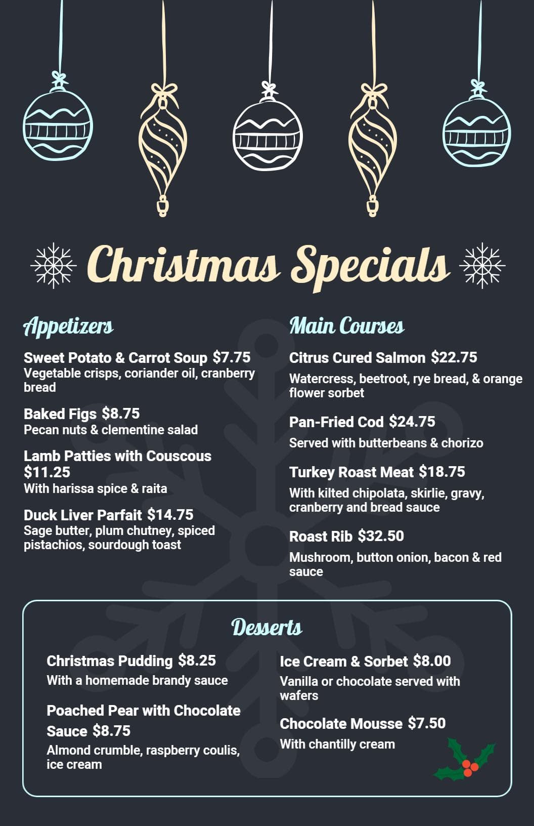 Festive Christmas Specials with Appetizers and Desserts Menu Template
