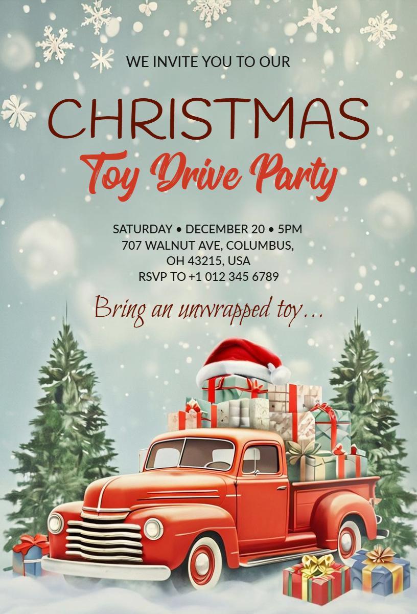 Festive Christmas Toy Drive Party Celebration Invitation Template