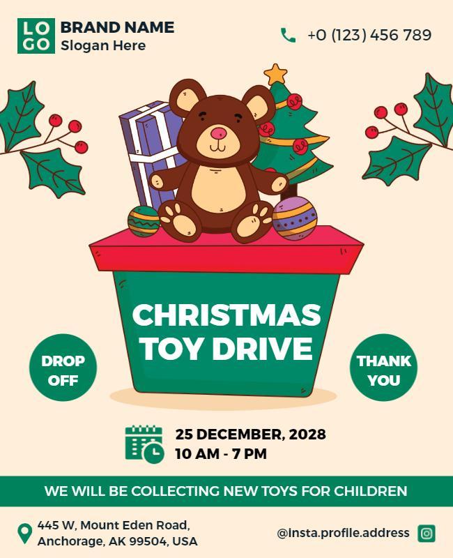 Festive Christmas Toy Drive with Cute Bear Poster Template
