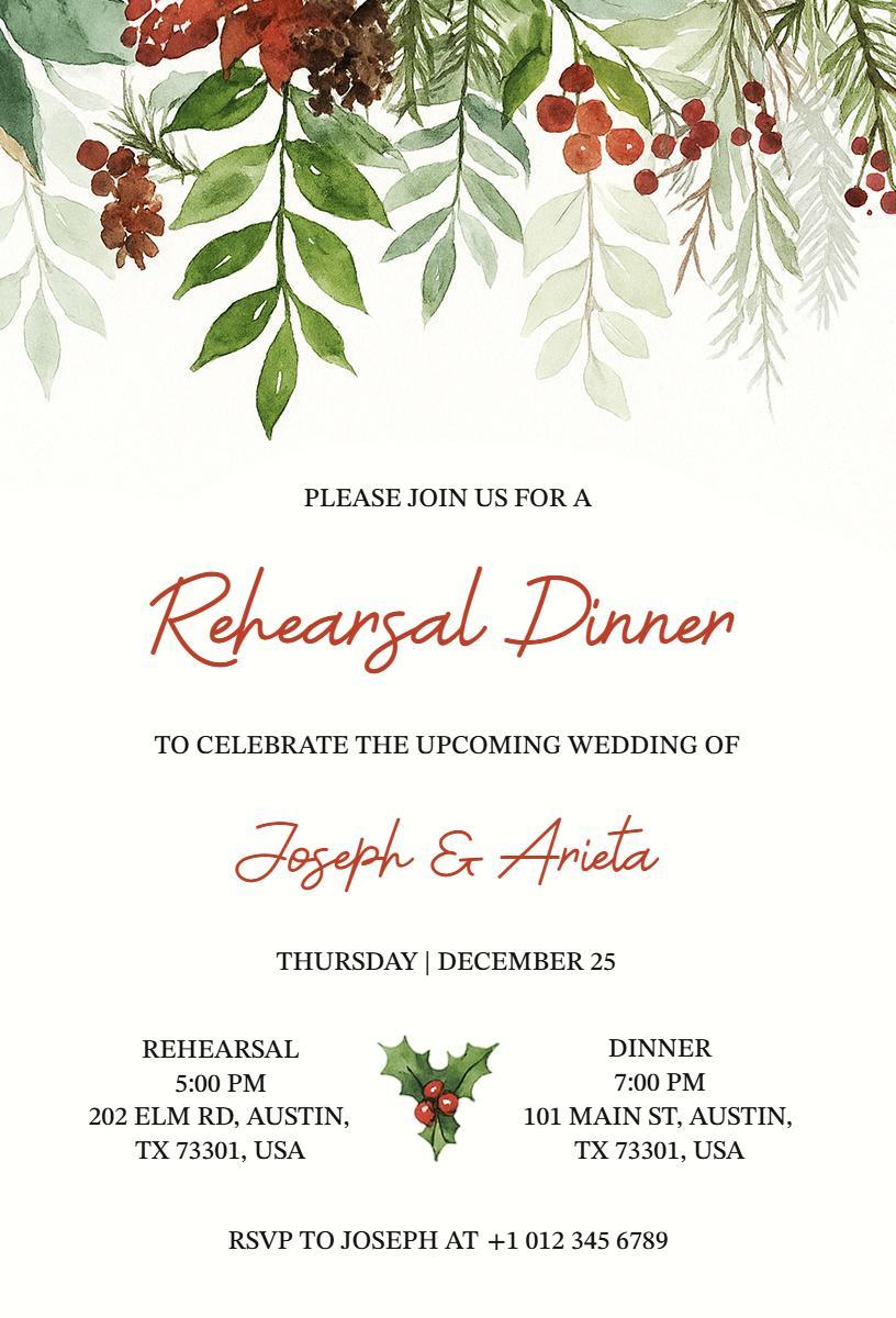 Festive Christmas Wedding Rehearsal Dinner Invitation Template