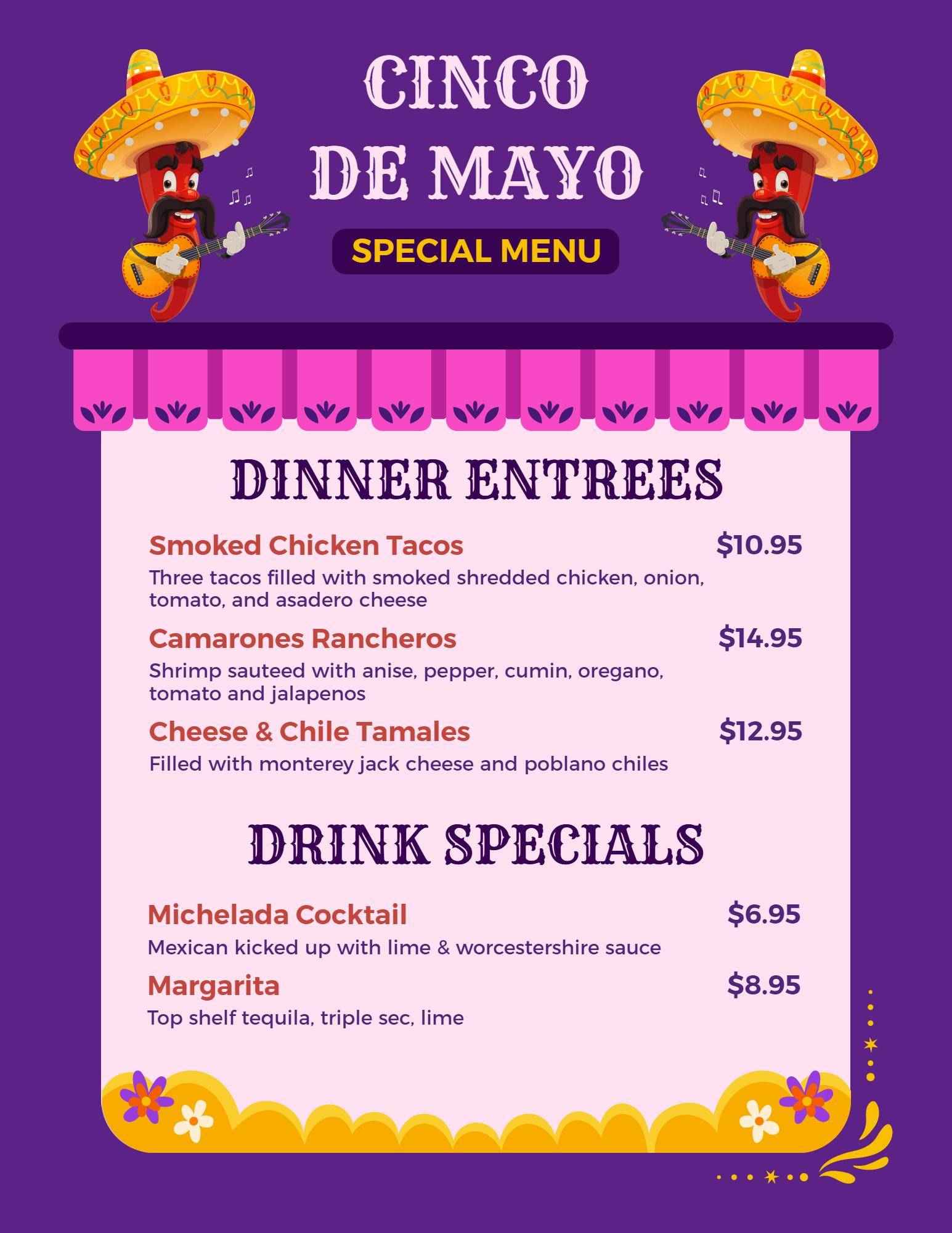 Festive Cinco De Mayo Dinner and Drink Specials Holiday Menu Template