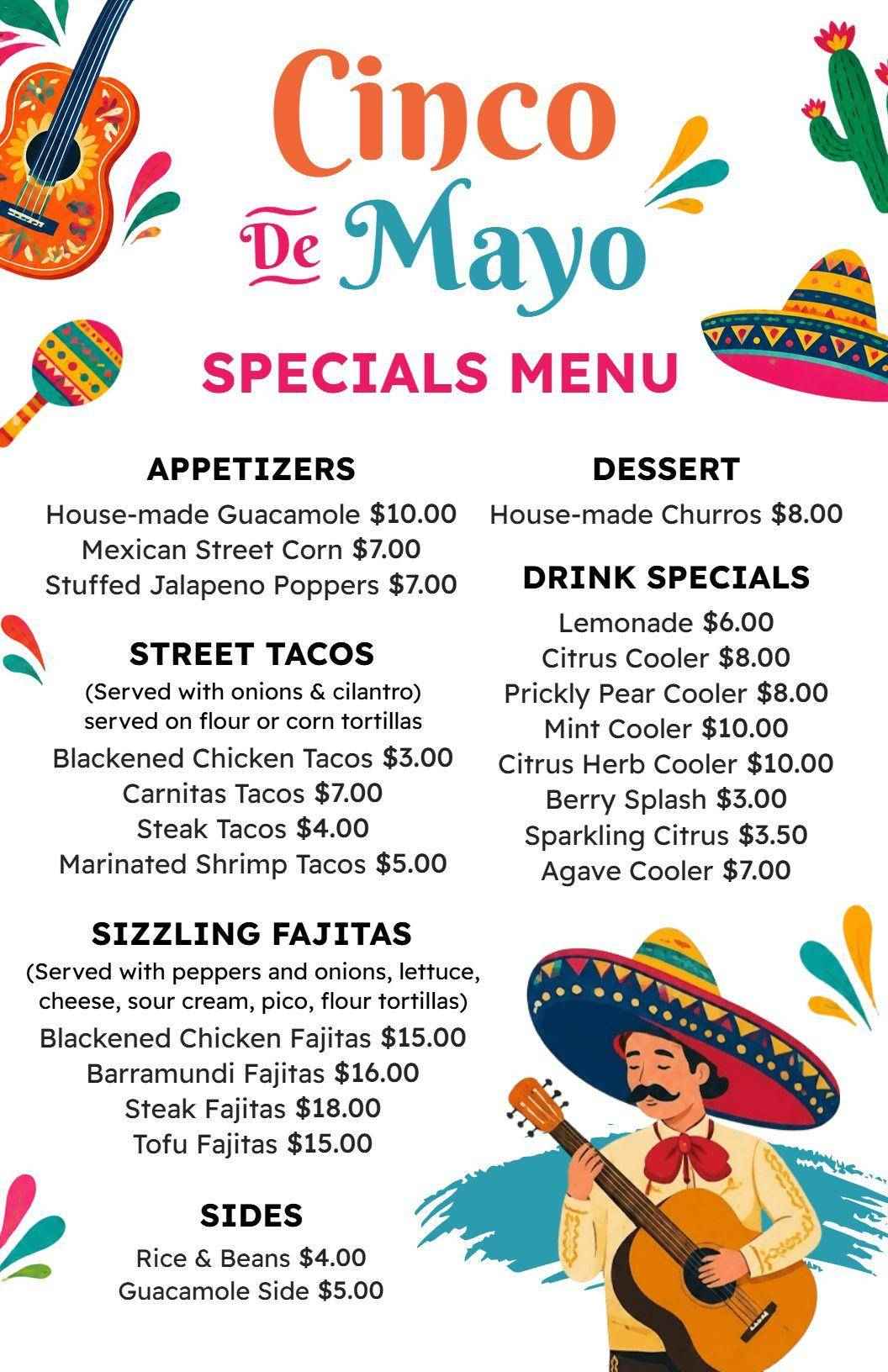 Festive Cinco De Mayo Specialties with Tacos and Fajitas Menu Template