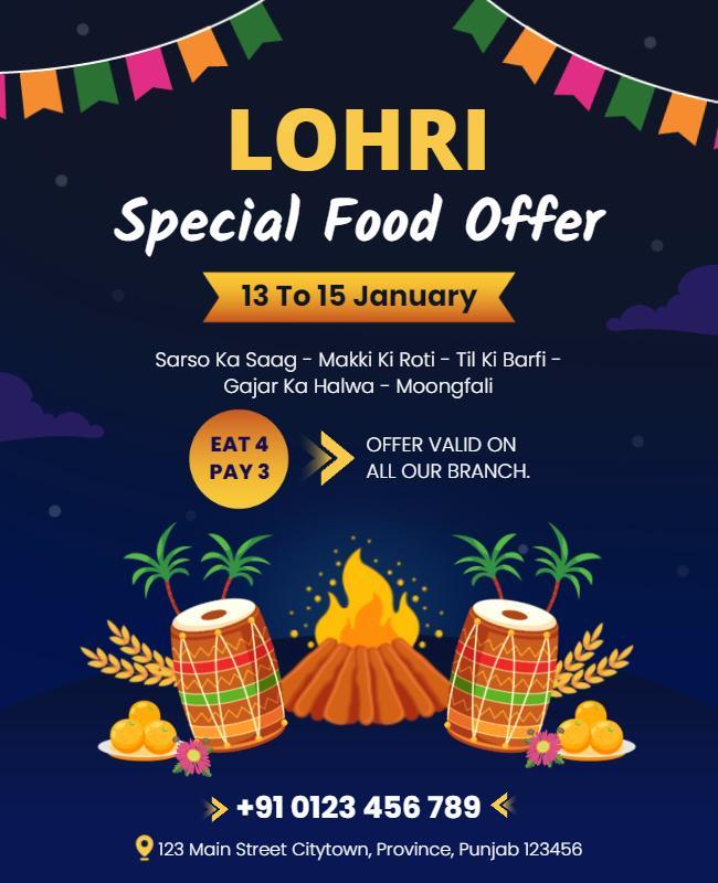 Festive Colorful Lohri Food Offer Celebration Flyer Template