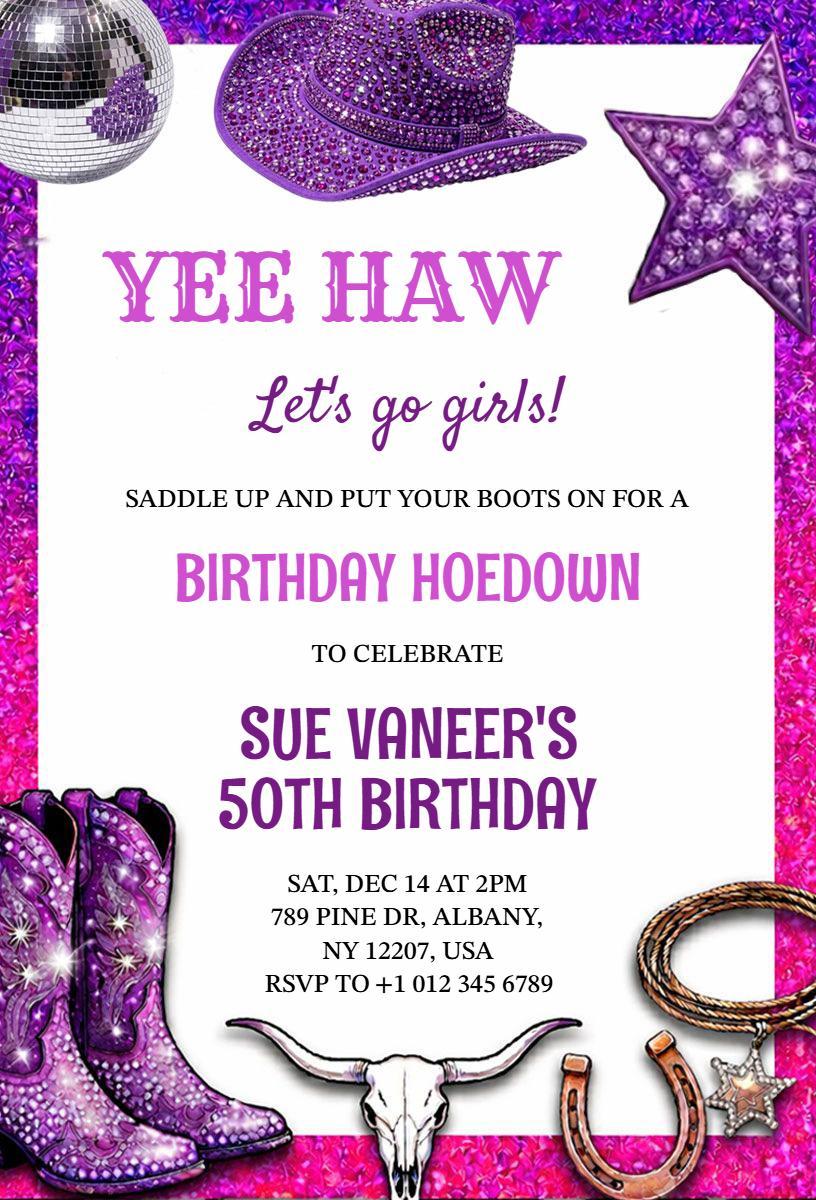 Festive Cowgirl Hoedown 50th Birthday Celebration Invitation Template