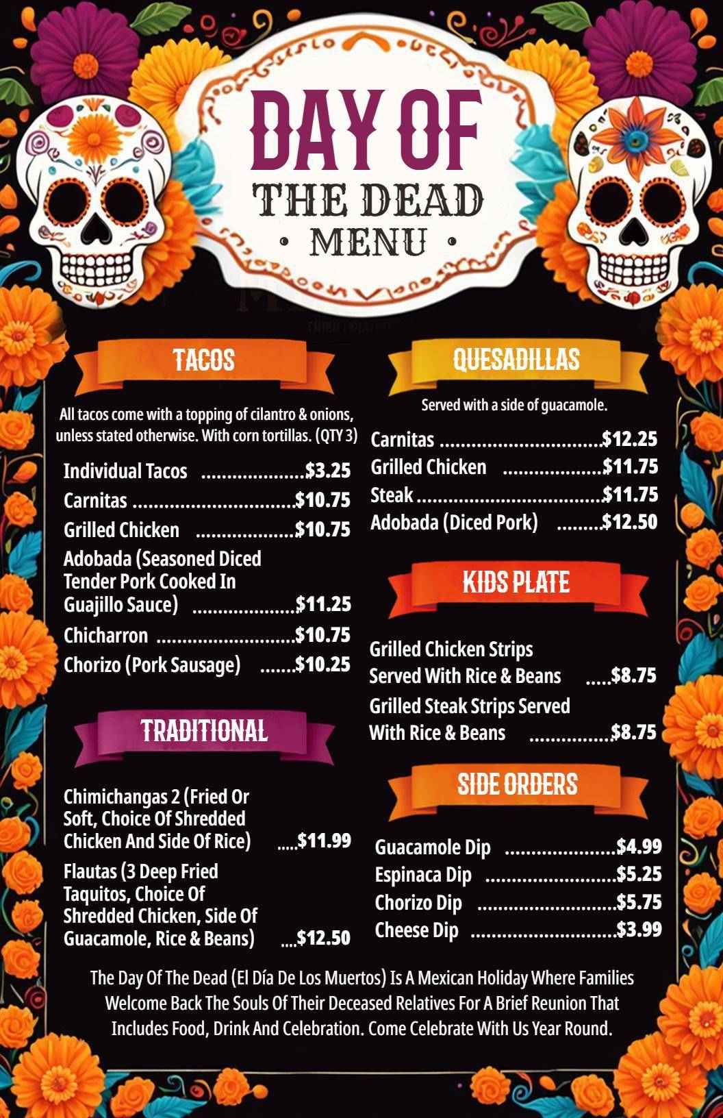 Festive Day of the Dead Tacos and Quesadillas Holiday Menu Template