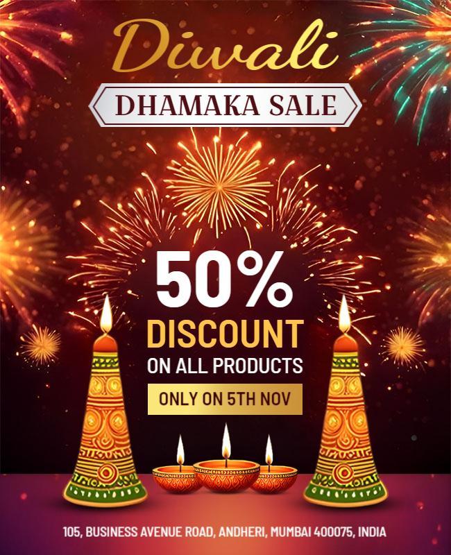 Festive Diwali Dhamaka Sale with Fireworks Poster Template