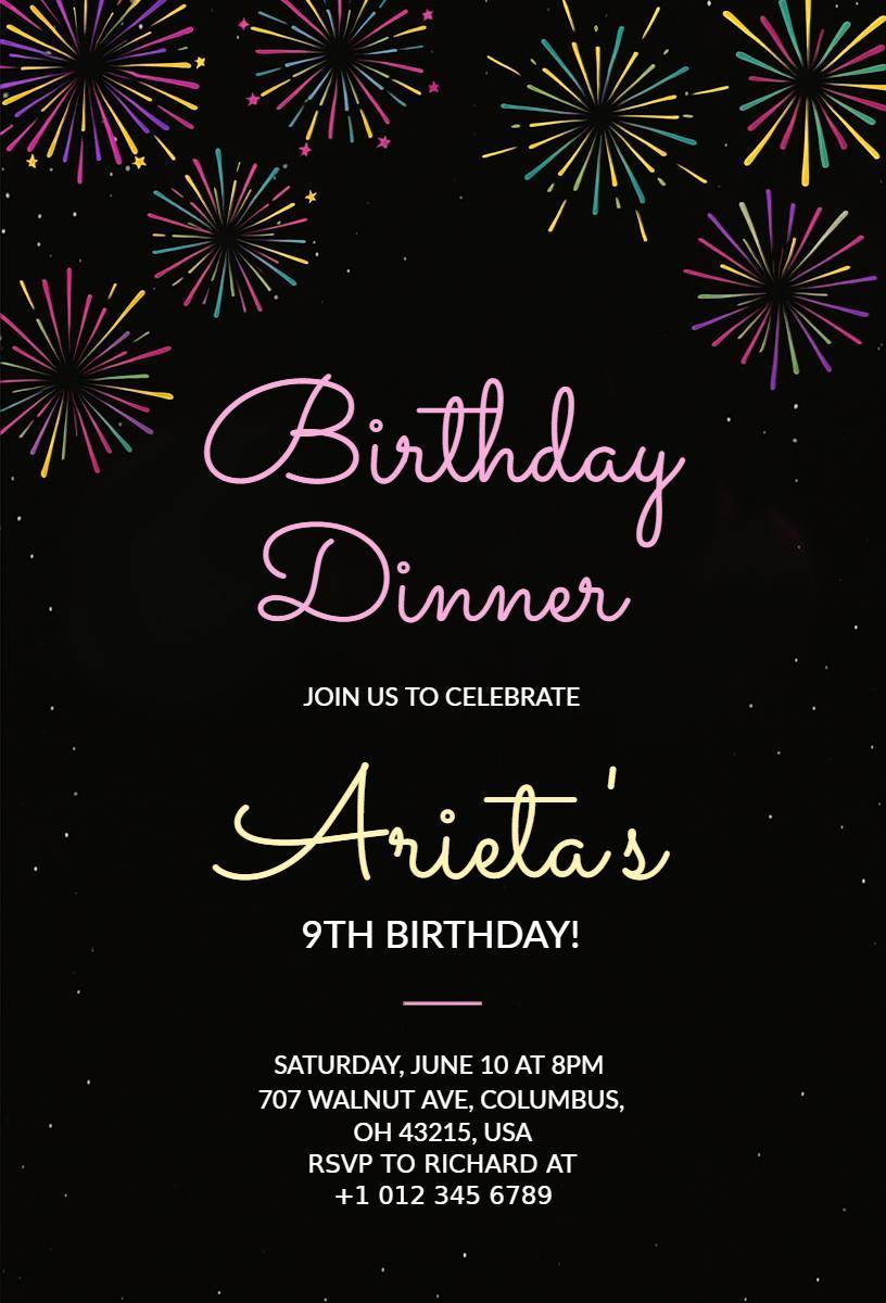 Festive Fireworks Dinner Birthday Celebration Invitation Template