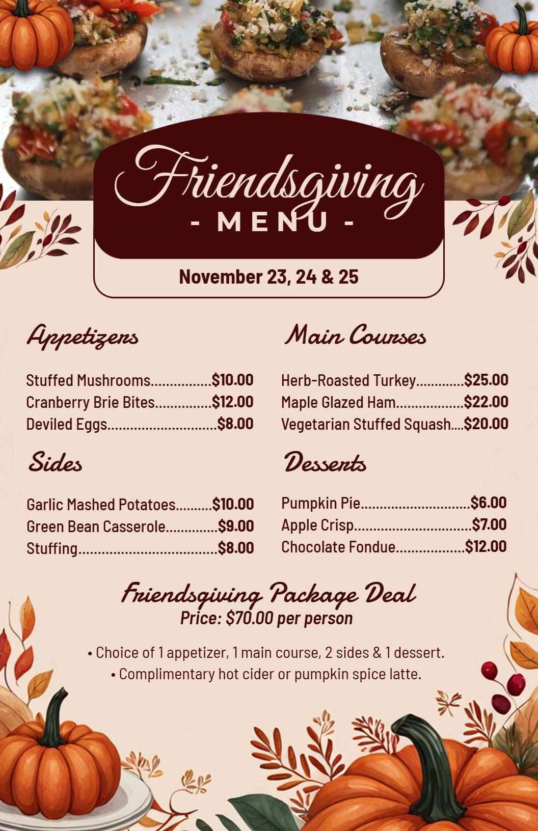 Festive Friendsgiving Package Deal with Appetizers Thanksgiving Menu Template