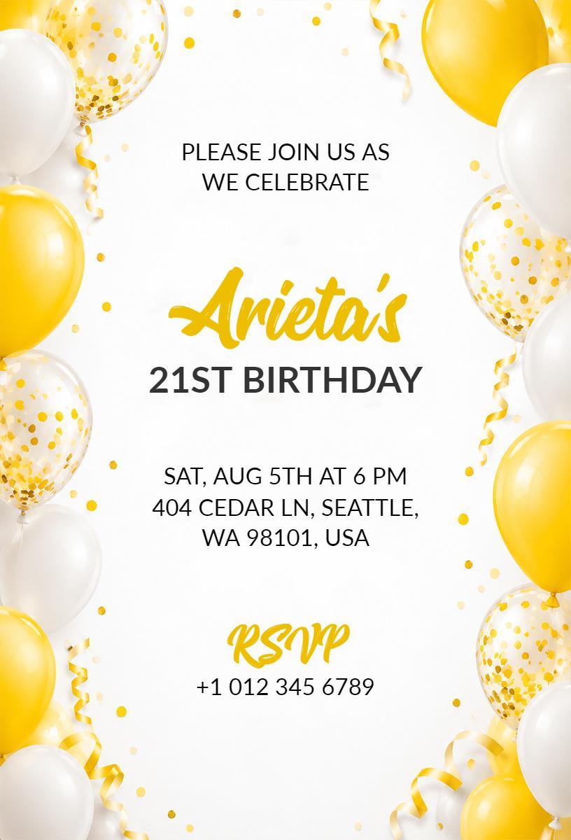Festive Gold Balloon 21st Birthday Celebration Invitation Template