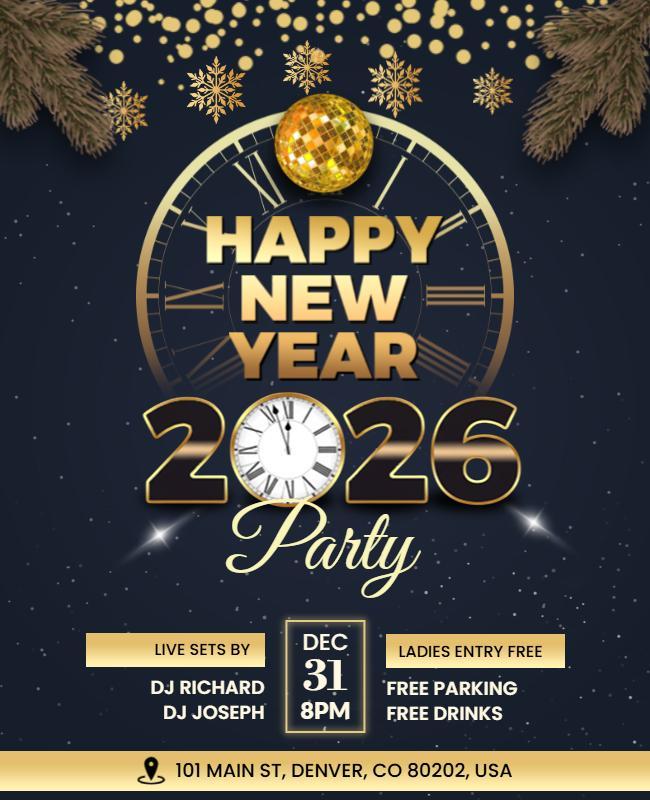 Festive Gold Glitter Happy New Year 2026 Celebration Flyer Template