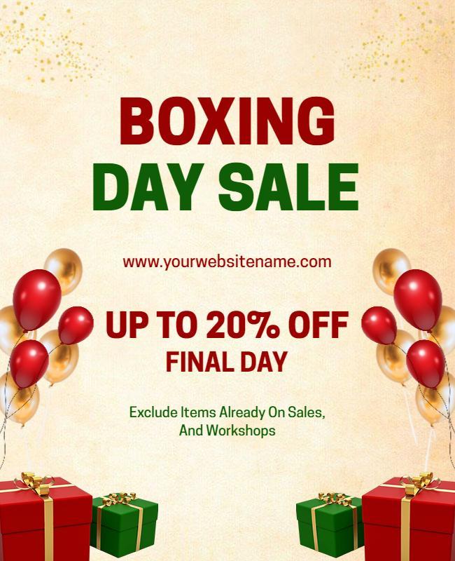 Festive Green Boxing Day Sale with Gifts and Balloons Poster Template