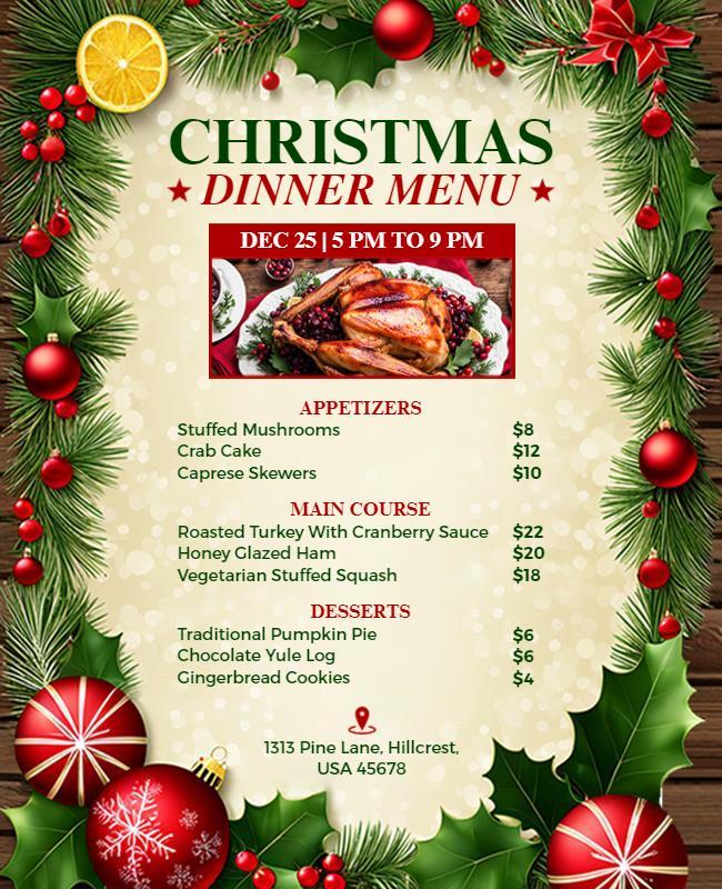 Festive Green Christmas Dinner Menu Poster Template