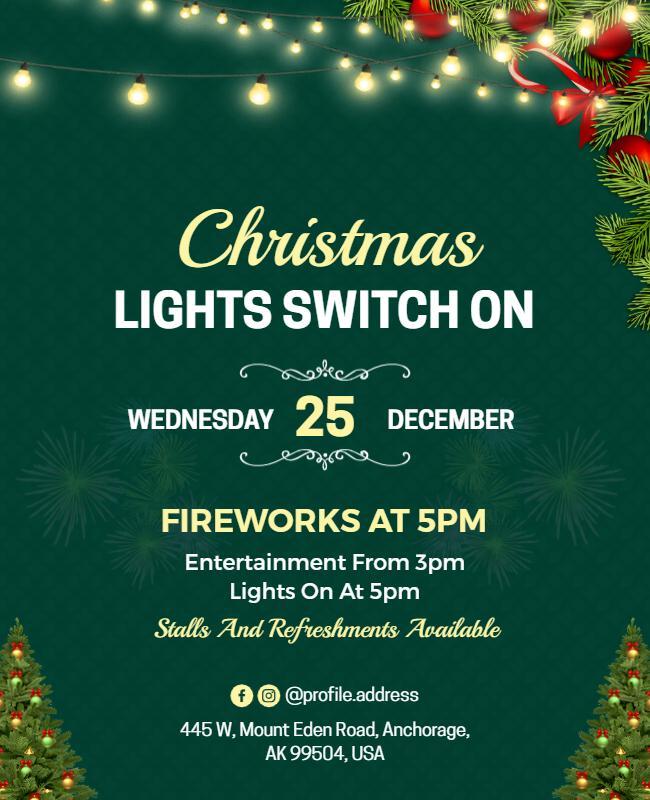 Festive Green Christmas Lights Switch On Event Poster Template