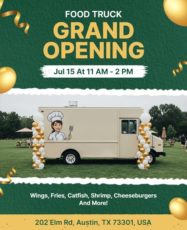 Festive Green Food Truck Grand Opening Celebration Flyer Template