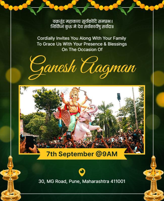 Festive Green Ganesh Aagman Invitation Celebration Poster Template