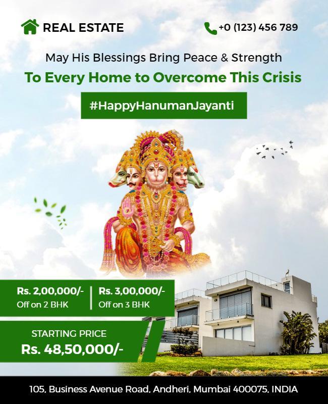 Festive Green Hanuman Jayanti Real Estate Offer Poster Template
