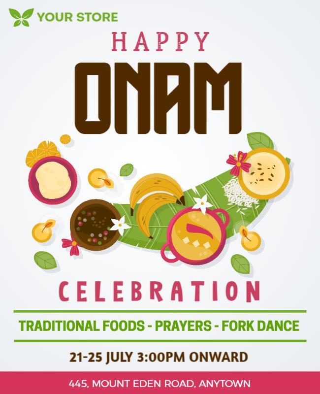 Festive Green Onam Celebration with Traditional Foods Poster Template