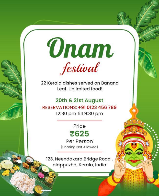 Festive Green Onam Kerala Cuisine Celebration Poster Template