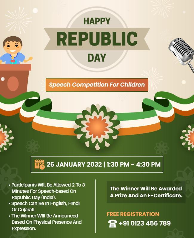 Festive Green Republic Day Speech Competition for Children Poster Template