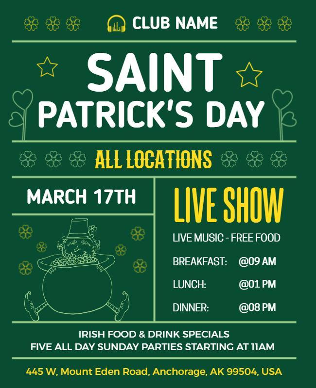 Festive Green Saint Patrick's Day Live Show Celebration Poster Template