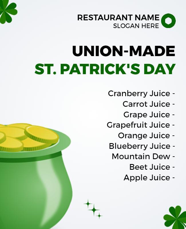 Festive Green St. Patrick's Day Beverage Menu Poster Template