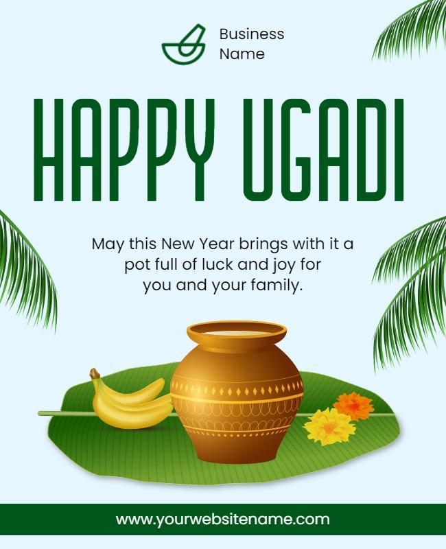 Festive Green Ugadi Celebration with Pot and Leaves Poster Template