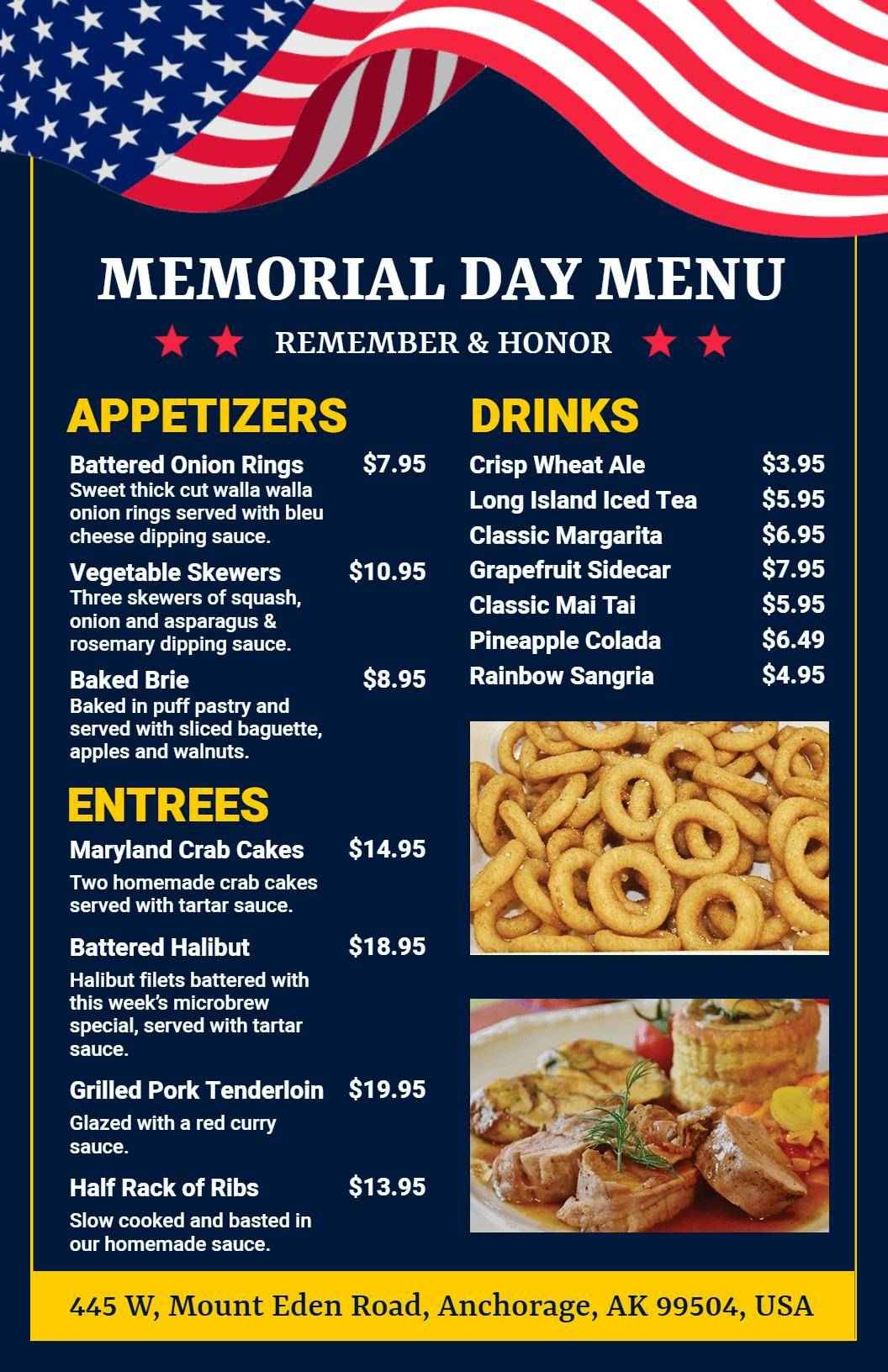 Festive Grilled Dishes and Classic Beverages Memorial Day Menu Template