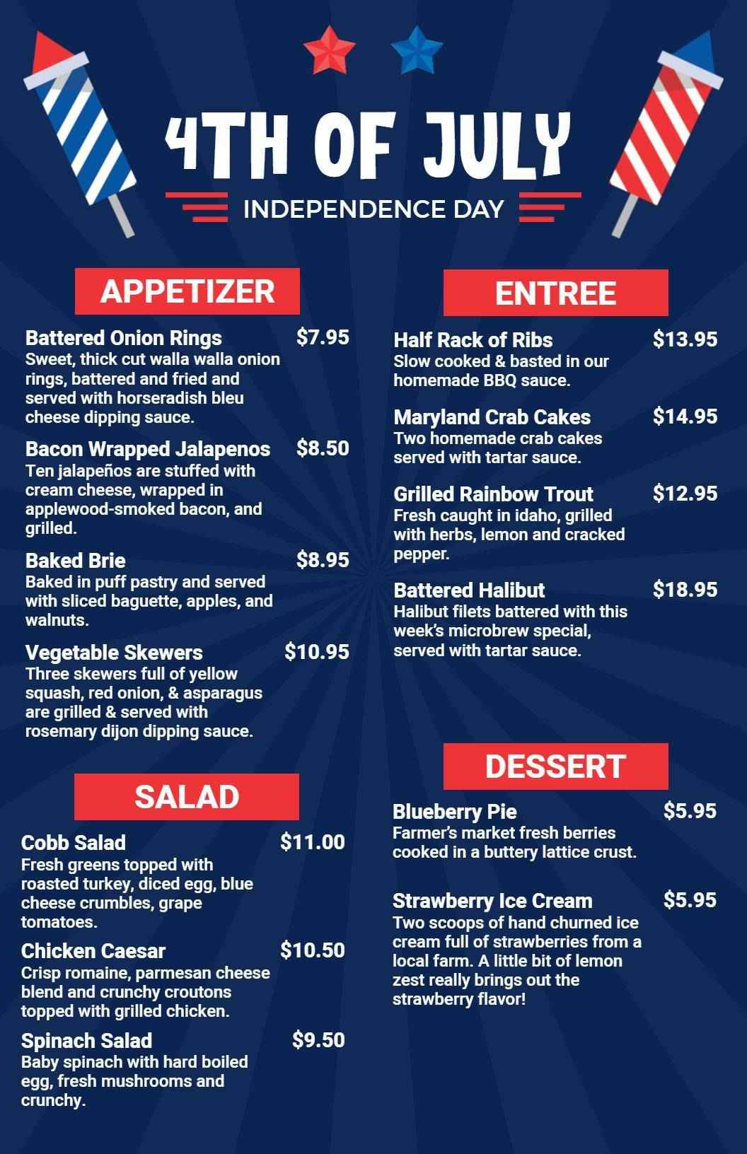 Festive Grilled Favorites and Red, White, Blue Treats 4th of July Menu Template