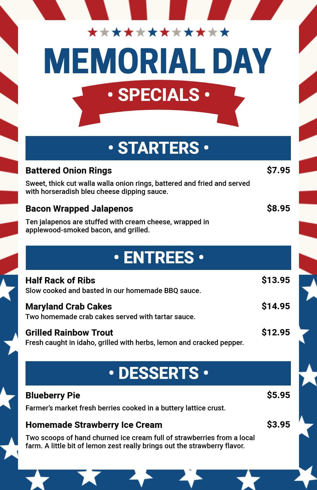 Festive Grilled Meats and Classic Sides for Summer Celebrations Memorial Day Menu Template