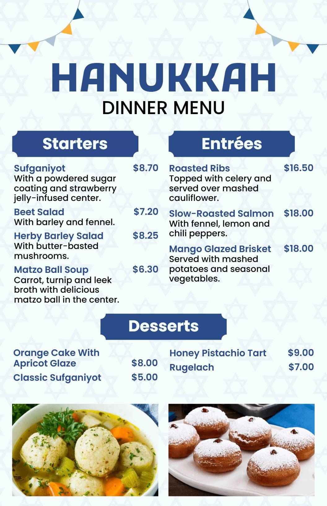 Festive Hanukkah Dinner Menu Template