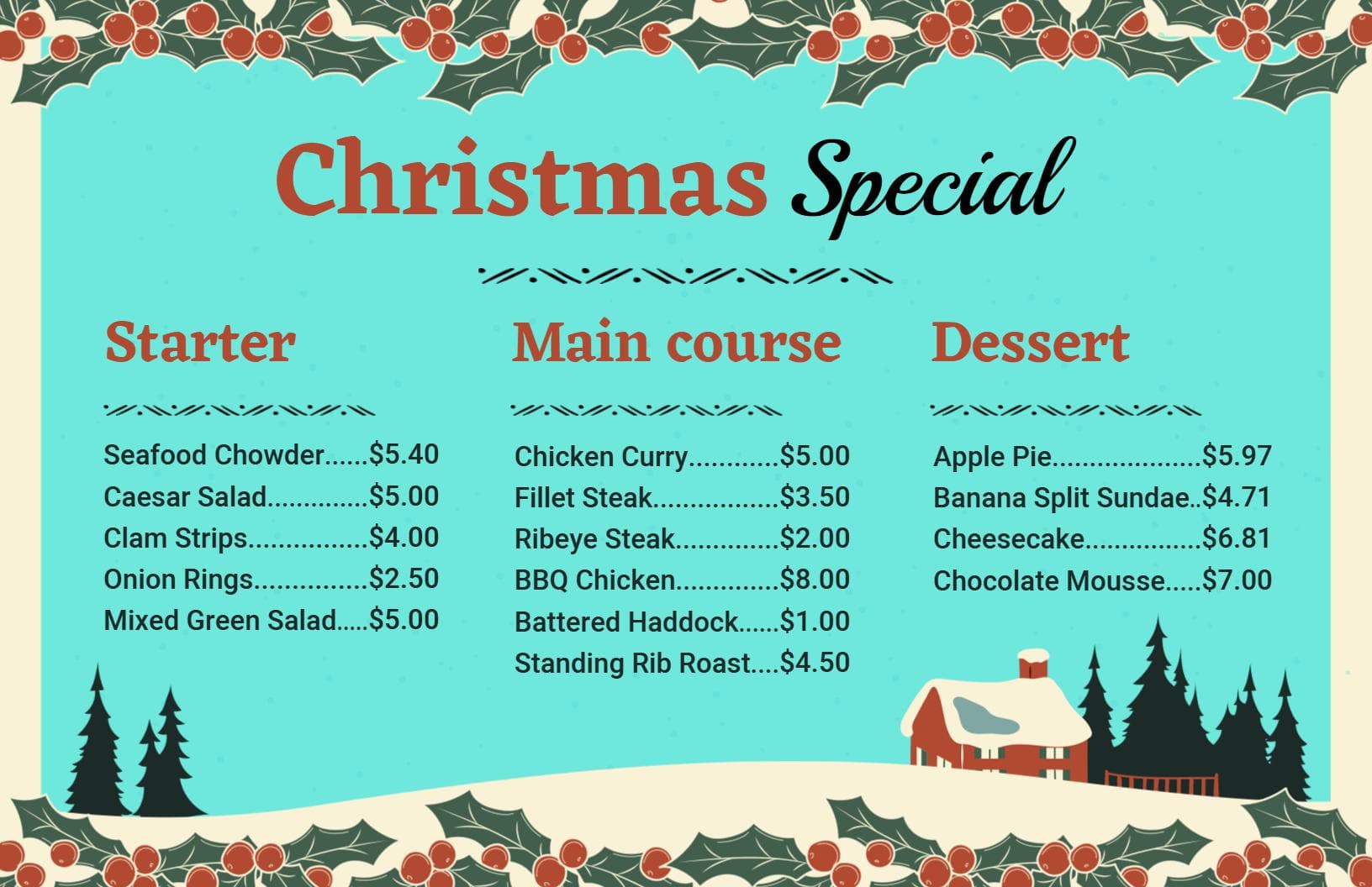 Festive Holiday Favorites and Classic Dishes Christmas Menu Template