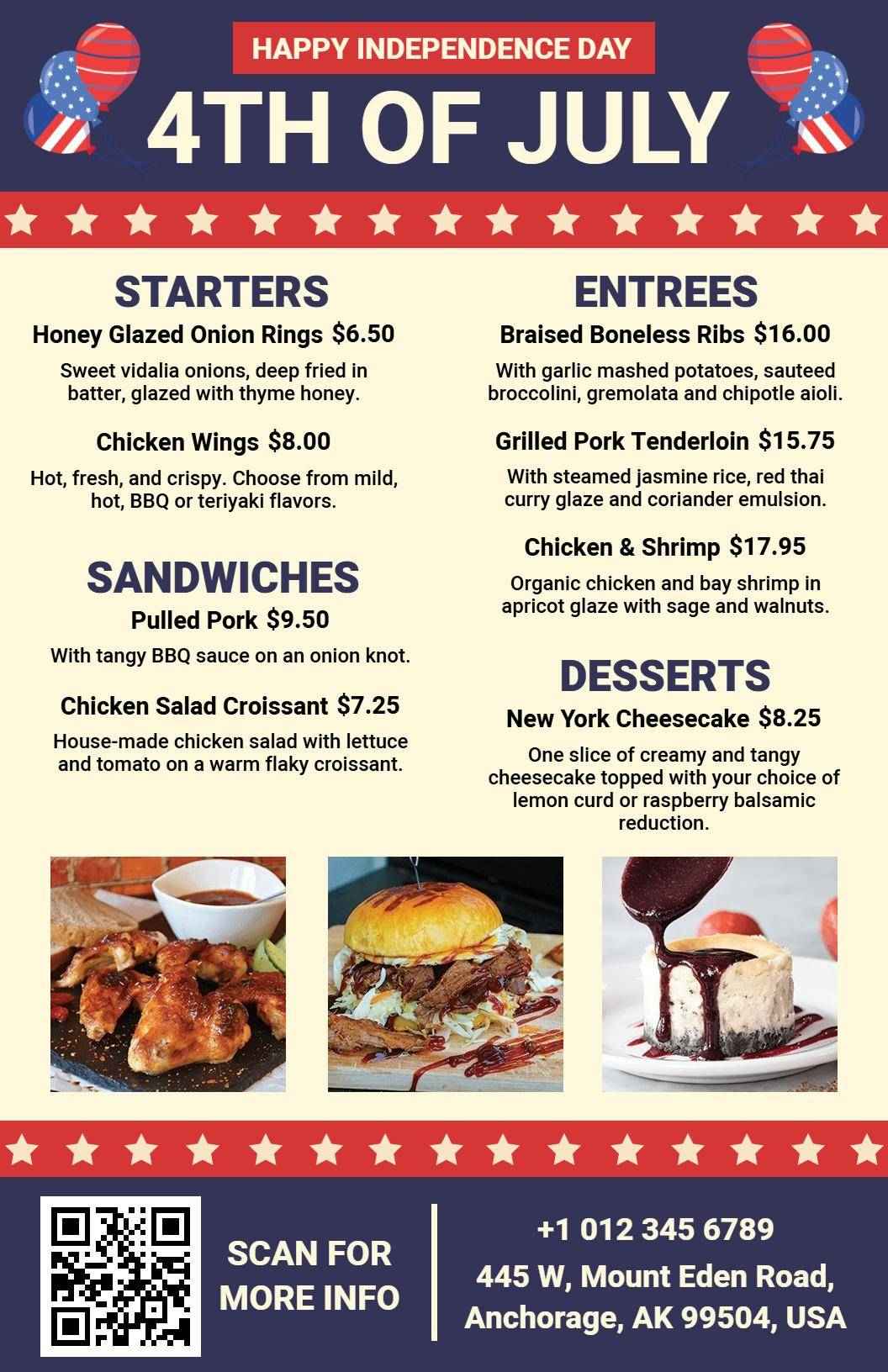 Festive Independence Day Delights and Classic Favorites 4th of July Menu Template
