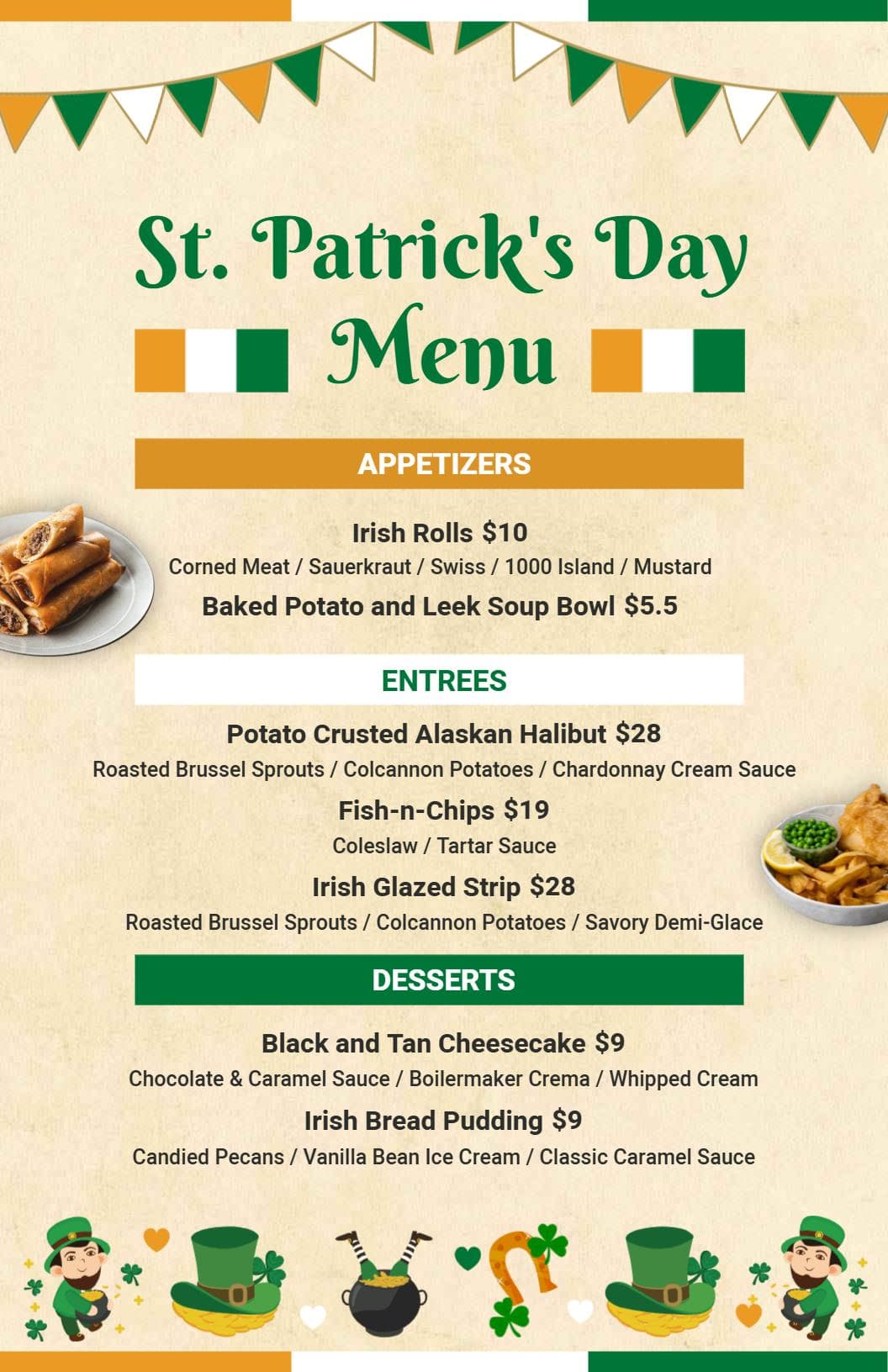 Festive Irish Appetizers, Entrees, and Desserts St. Patrick's Day Menu Template