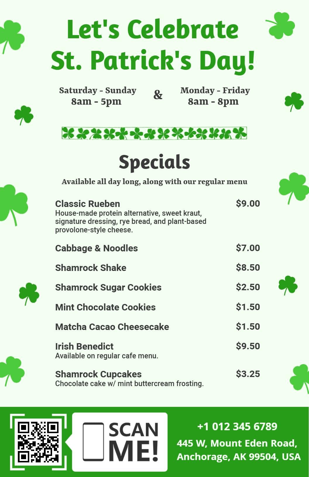 Festive Irish Classics and Treats for St. Patrick's Day Menu Template