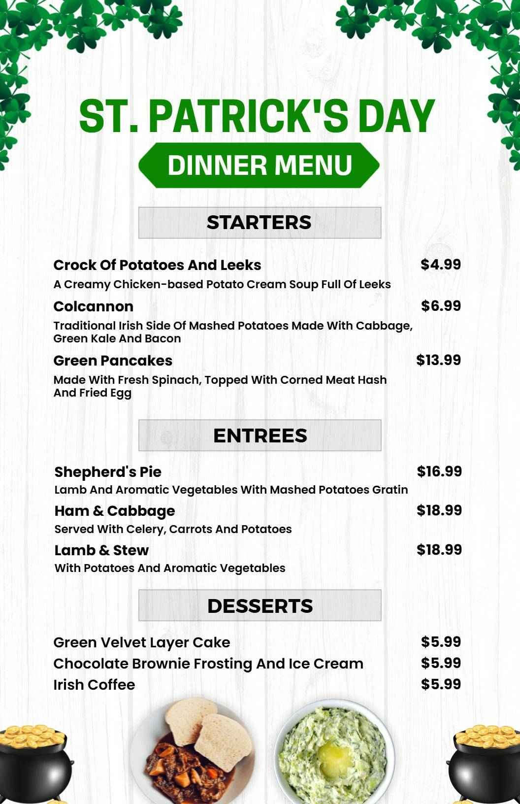 Festive Irish Comfort Foods and Traditional Favorites St. Patrick's Day Menu Template