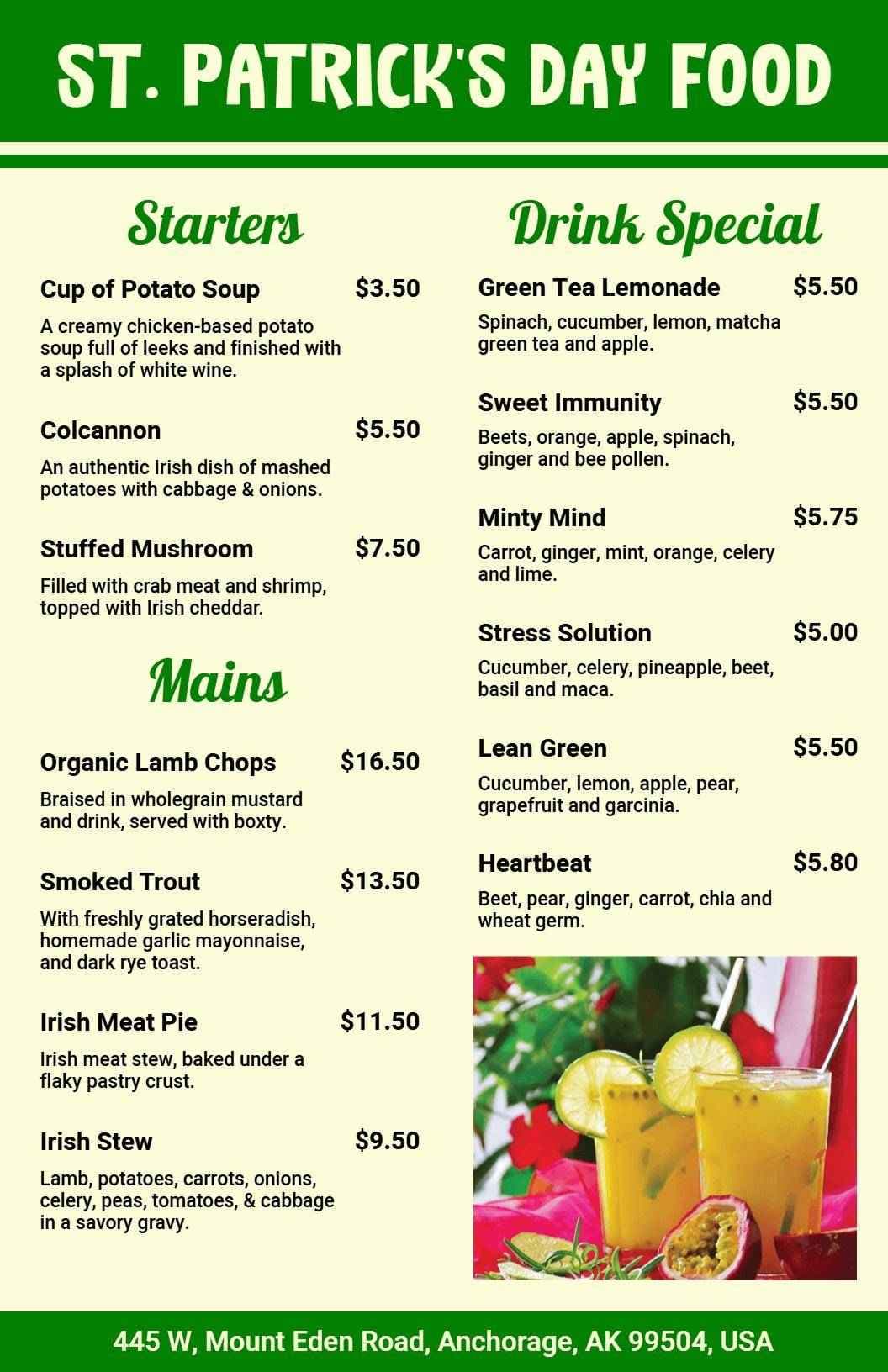 Festive Irish Dishes and Colorful Drinks for Celebration St. Patrick's Day Menu Template