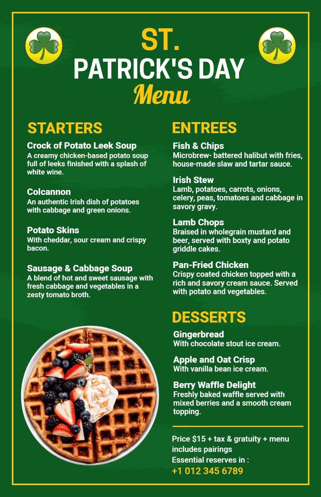 Festive Irish Dishes and Traditional Favorites St. Patrick's Day Menu Template