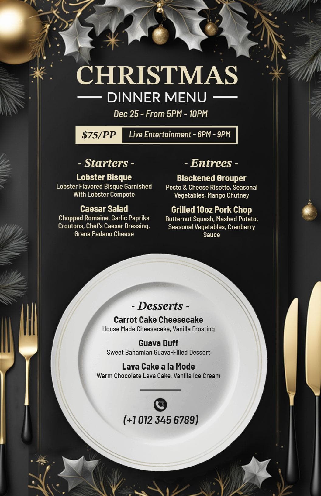 Festive Lobster and Holiday Classics Dinner Selection Christmas Menu Template